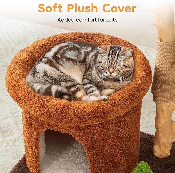 32-Inch Multi-Level Cat Tree Tower, Natural Wooden Cat Furniture with Sisal Scratching Posts, Beds & Condo, Cute Cat Tree for Indoor Cats, Multi-Cat Householdsolds