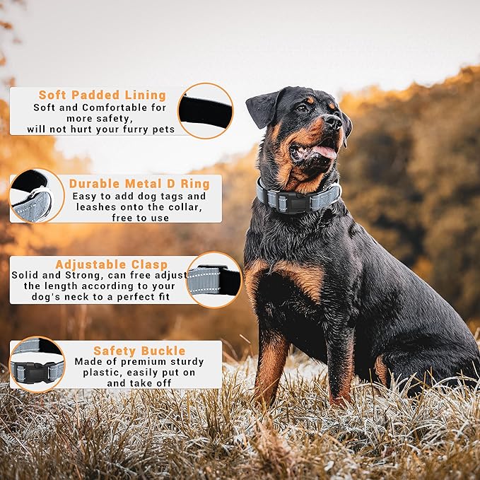 2 Pack Reflective Dog Collar with Safety Locking Buckle, Adjustable Soft Breathable Comfortable Nylon Pet Collar for Small, Medium and Large Dogs, Gray, L
