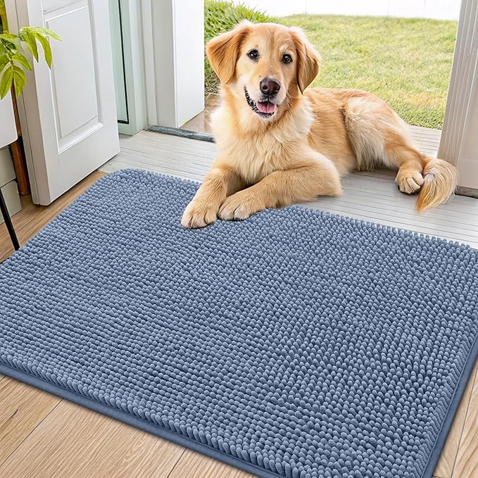 Smiry Dog Door Mat for Muddy Paws 36x24, Absorbs Moisture and Dirt Doormat, Non-Slip Washable Quick Dry Chenille Front Door Mat Indoor Entrance, Entryway Carpet for Inside Floor, Airy Blue