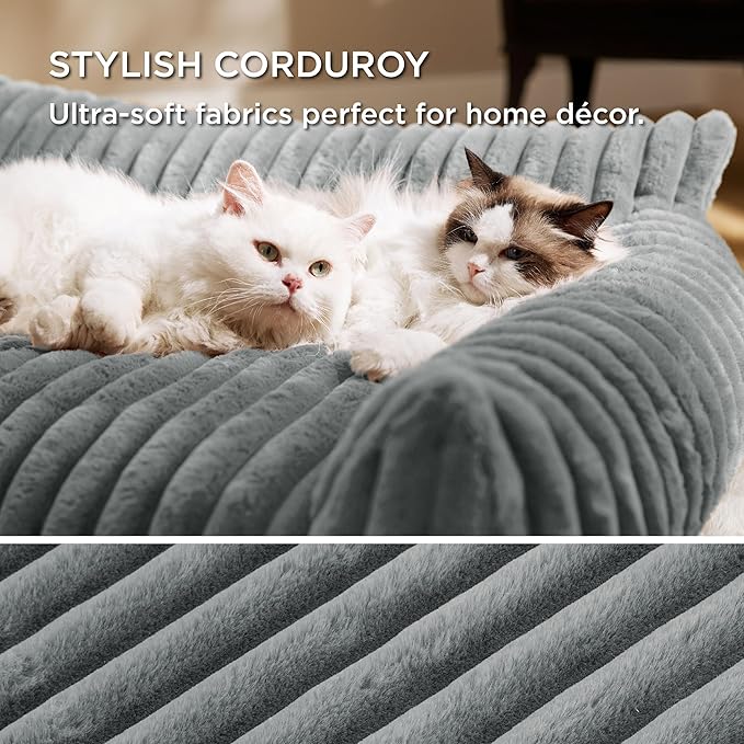 Bedsure Cute Cat Couch for Pets - Fluffy Cat Sofa with Premium Soft Corduroy Fleece, Fuzzy Pet Couch Bed with Removable Washable Cover, Supportive Pet Chair for Indoor Cats, 24inch, Warm Grey