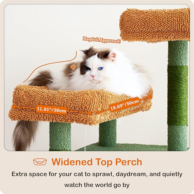 Ouritsu Cat Tree, 61 inch Tall Cat Tower for Large Cat Indoor, Enlarged Condo, 2 Padded Perches with 1 Widened, Large Hammock, Scratching Post and ramp, Fluffy Basket, Green, LF002GB