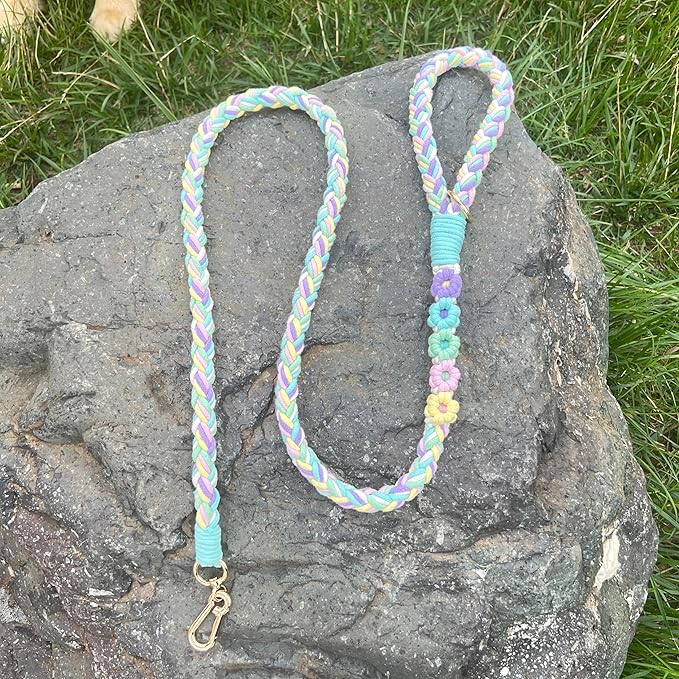 Handmade 5ft Braided Cotton Dog Leash with Unique Floral Handle, Durable and Stylish, Ideal for Small to Large Dogs, Rainbow Color