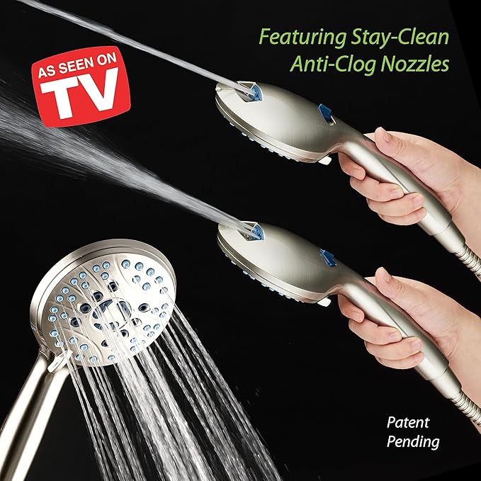 Hotel Spa AquaCare As-Seen-On-TV High Pressure 48-setting Rain & Handheld 3-way Shower Head Combo - Anti-clog Nozzles/Tub, Tile & Pet Power Wash/Extra Long 6 ft. Hose/Satin Nickel Finish