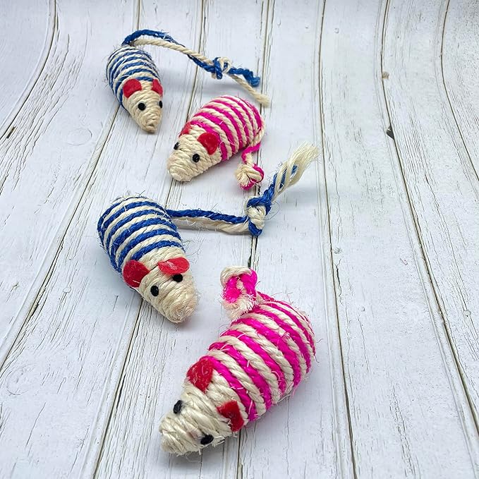 LUOZZY 4Pcs Cat Mouse Toys Adorable Sisal Mice Toys Kitten Chewing Toy Funny Indoor Animal Shape Props Pet Supplies - Blue+Pink 1.38x5.11in