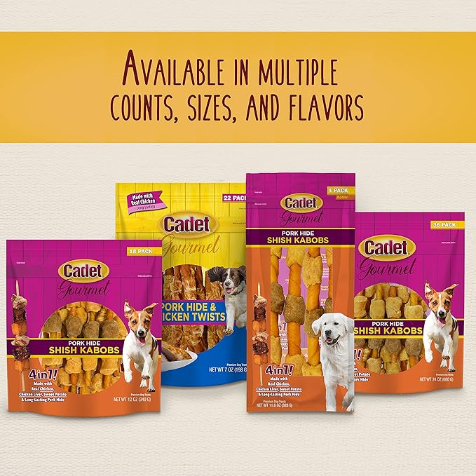 Cadet Gourmet Shish Kabob Dog Treats for Small Dogs, Healthy Natural Chicken, Duck, & Sweet Potato Chews, Pork Hide, 5-Inch Sticks, 18 Count