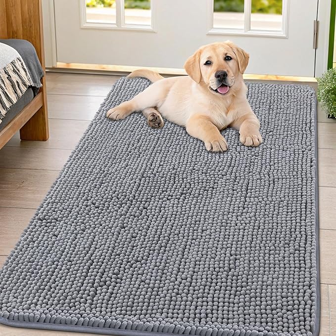 Smiry Dog Door Mat for Muddy Paws 44x32, Absorbs Moisture and Dirt Doormat, Non-Slip Washable Quick Dry Chenille Front Door Mat Indoor Entrance, Entryway Carpet for Inside Floor, Grey