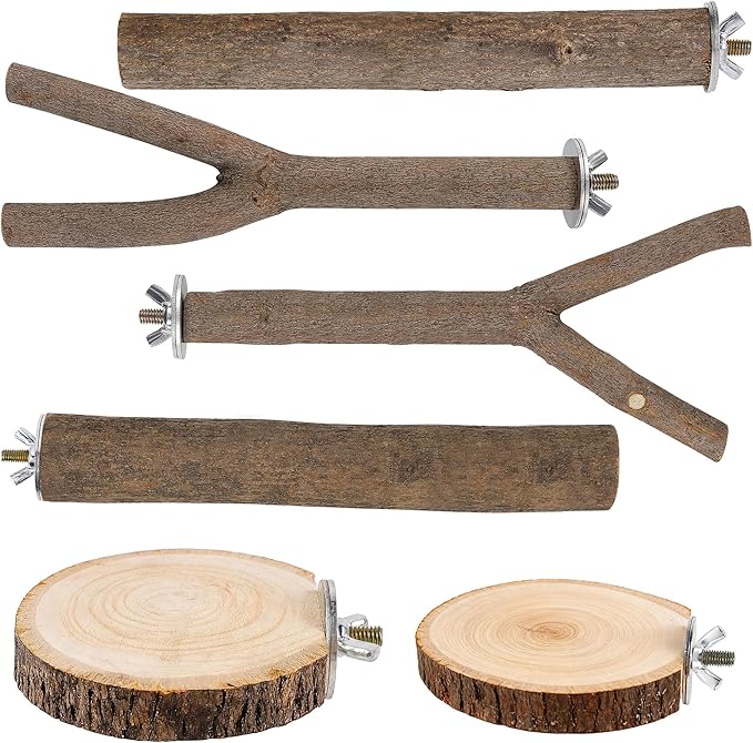 6 PCS Bird Perch Set, Natural Birch Wood Straight & Forked Perches with Platforms for Parakeets, Cockatiels, Conures, Lovebirds - Cage Accessories for Climbing & Exercise