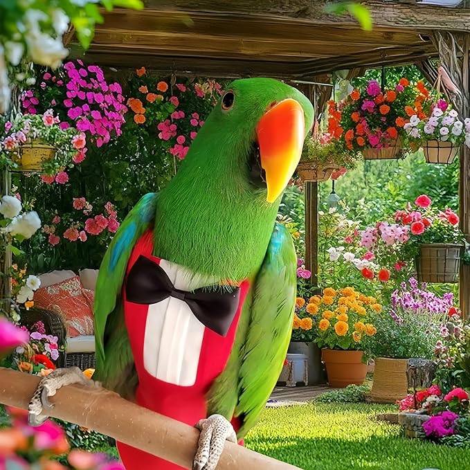 Bird Diapers with Bow Bird Harness Tuxedo Flight Suits with 80in Flying Leash Parrot Nappy with Waterproof Inner Layer Urine Wet Suite for Cockatiel Conure Parakeet Macaw Budgie-Red,XL