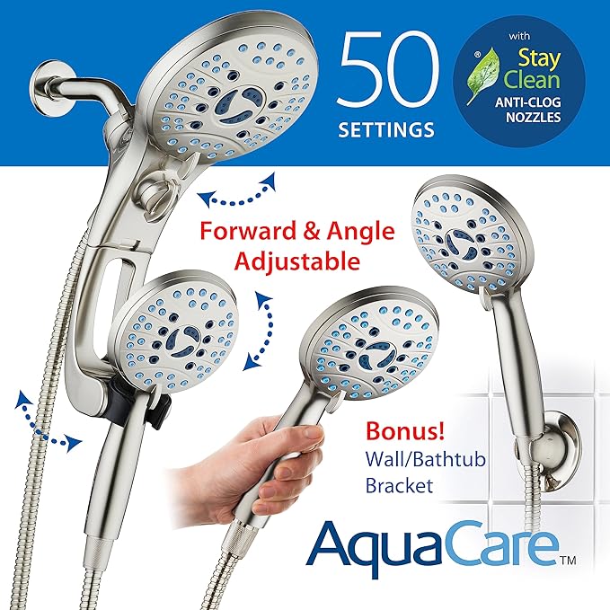 Hotel Spa AquaCare As-Seen-On-TV High Pressure Handheld/Rain 50-mode 3-way Shower Head Combo with Adjustable Arm - Anti-clog Nozzles, Tub & Pet Power Wash, 6 ft. Stainless Steel Hose, Nickel Finish