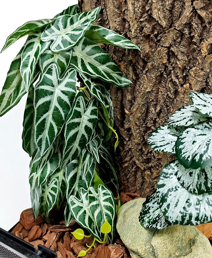 Woyrise 2 Pack Reptile Plants, Terrarium Hanging Plant Vines, Artificial Leaves with Suction Cup, Bearded Dragon Tank Accessories for Gecko Lizard Snake Frog Tortoise Decorations - Alocasia Velvet
