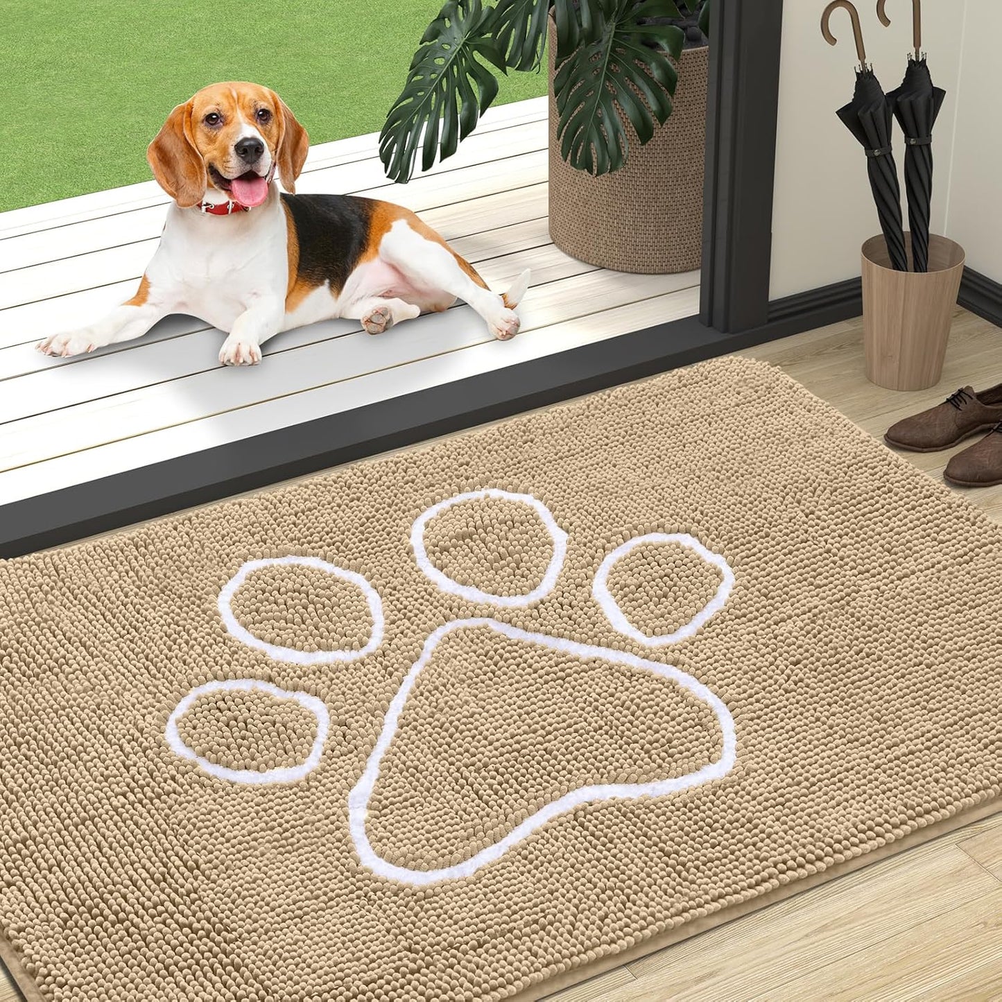OLANLY Door Mat for Muddy Dog Paws 47x32, Ultra Absorbent Chenille Mud Doormat with Paw Print Design, Non-Slip Washable Doormat for Indoor Entryway, Quick-Dry Pet Bed Mats for Dirty Dogs, Beige