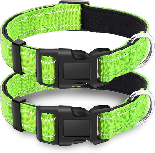 2 Pack Reflective Dog Collar with Safety Locking Buckle, Adjustable Soft Breathable Comfortable Nylon Pet Collar for Small, Medium and Large Dogs, Green, XL