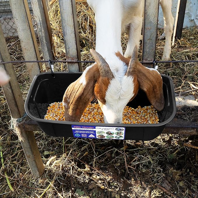 Goovilla Large Feed Trough, Hanging or Screw-in Fence Feeder with Clips, 2 Pack 9 Quart Goat Feeder Supplies, Dog Horse Hog Pig Livestock Poultry Plastic Feeder Trough Bucket for Large Animal, Black