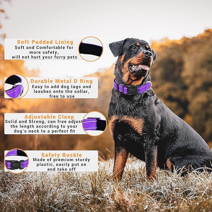 2 Pack Reflective Dog Collar with Safety Locking Buckle, Adjustable Soft Breathable Comfortable Nylon Pet Collar for Small, Medium and Large Dogs, Purple, L