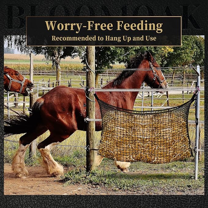 Bloomoak Knotless Slow Feed Hay Net with 4 Carabiner Clips for Horses/Open Top Hanging Hay Bag with Large Capacity for Full Day Feeding/Trailer (1.75" Hole for Slow Feed, L 63 * 40")…