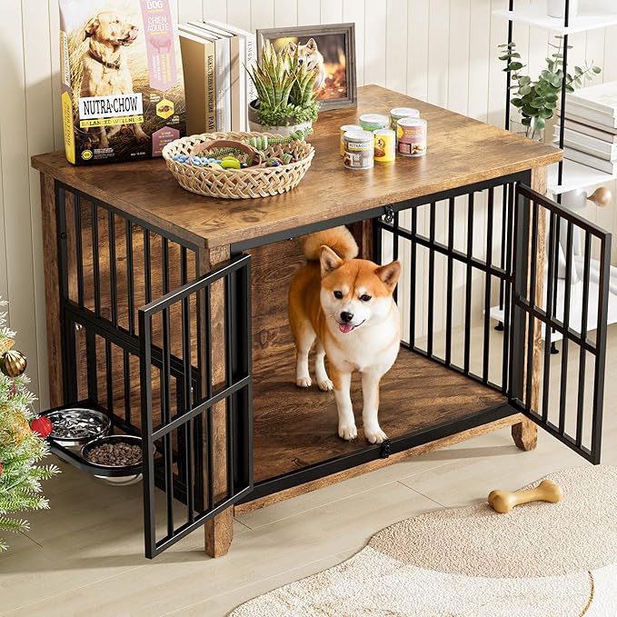 Lulive Dog Crate Furniture, Wooden Dog Kennel Indoor with Adjustable 360°& Height Dog Bowls, Double Doors Furniture Dog Crates End Table for Small/Medium 31.5" L*22.5" W*25.6" H, Brown