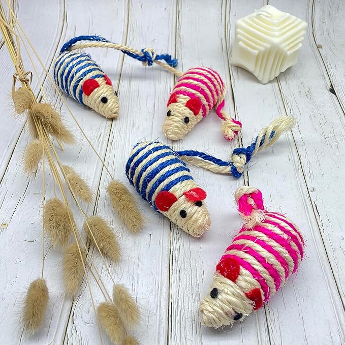 LUOZZY 4Pcs Cat Mouse Toys Adorable Sisal Mice Toys Kitten Chewing Toy Funny Indoor Animal Shape Props Pet Supplies - Blue+Pink 1.38x5.11in