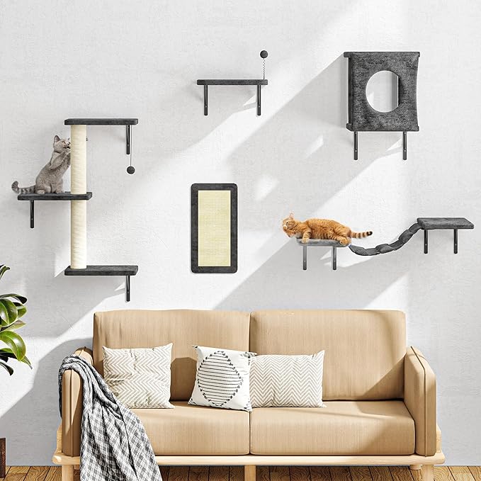 NUNU LAB Cat Wall Shelves Set, 5 Pcs Wall-Mounted Cat Climber with Condo House, Bridge Ladder, Scratching Post, Indoor Cat Furniture Set, Gray