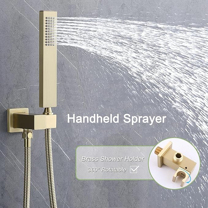 Brushed Gold Shower System Set Temperature Display Push Button Shower Faucet with 12 inch and 8 inch Wall Mount Full Body Shower Head and Handheld Shower