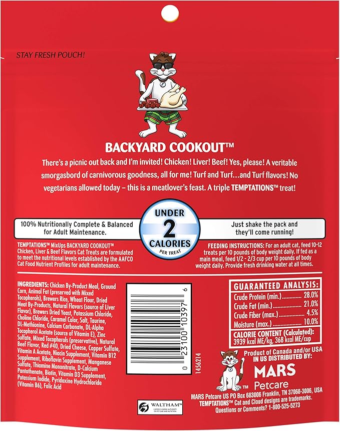 Temptations MixUps Backyard Cookout Flavor Crunchy and Soft Cat Treats, 6.3 oz. Pouch (Pack of 10)