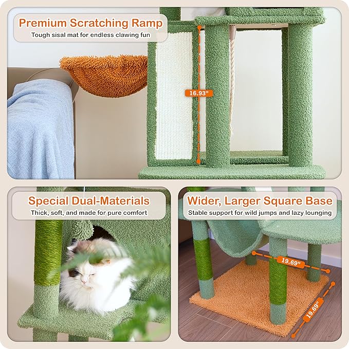 Ouritsu Cat Tree, 61 inch Tall Cat Tower for Large Cat Indoor, Enlarged Condo, 2 Padded Perches with 1 Widened, Large Hammock, Scratching Post and ramp, Fluffy Basket, Green, LF002GB