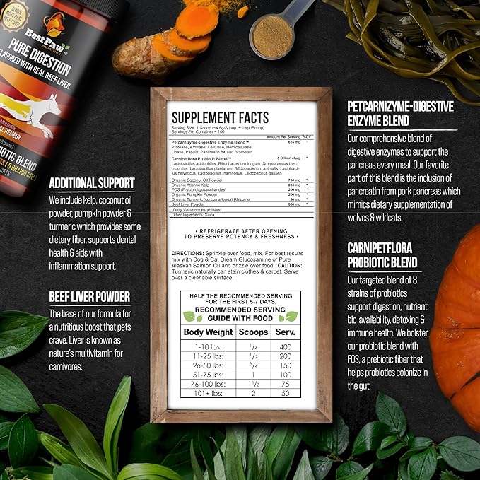 Dog & Cat Premium Probiotic Prebiotic & Digestive Enzymes 5 Billion CFU Organic Turmeric Coconut Oil Pure Pumpkin & Kelp for Healthy Bowels Gut & UTIs Beef Liver Flavor