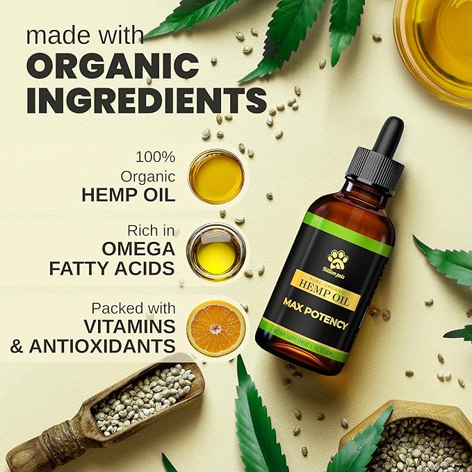 Hemp Oil for Dogs and Cats - Helps with Anxiety, Pain, Stress, Sleep, Arthritis, Seizures Relief - Hip and Joint Support - Calming Drops Treats