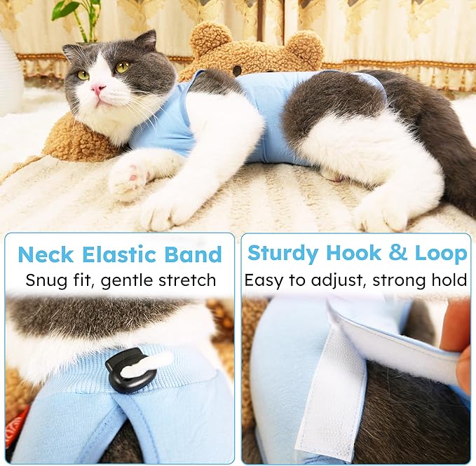 Cat Surgery Recovery Suit, Recovery Suit for Female Male Cats, Cat Onesie After Surgery Spay Neuter, Anti-Licking Kitten Surgical Clothes, Bodysuit for Abdominal Wounds Skin Disease Blue M