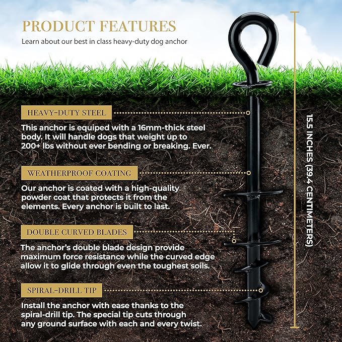 ROYAL-PAW Dog Tie Out Stake - for Large Dogs up to 210 lbs - Heavy Duty Dog Stake for Yard, Beach & Camping Outside - Best in Ground Anchor for a Dog Cable, Leash, Lead Tether (1, Black)