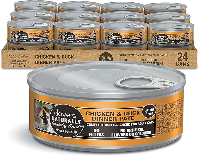 Dave's Pet Food Grain Free Wet Cat Food Pate (Chicken & Duck Dinner), Made in Canada Naturally Healthy Canned, Added Vitamins & Minerals, 5.5 oz Cans (24 Pack)
