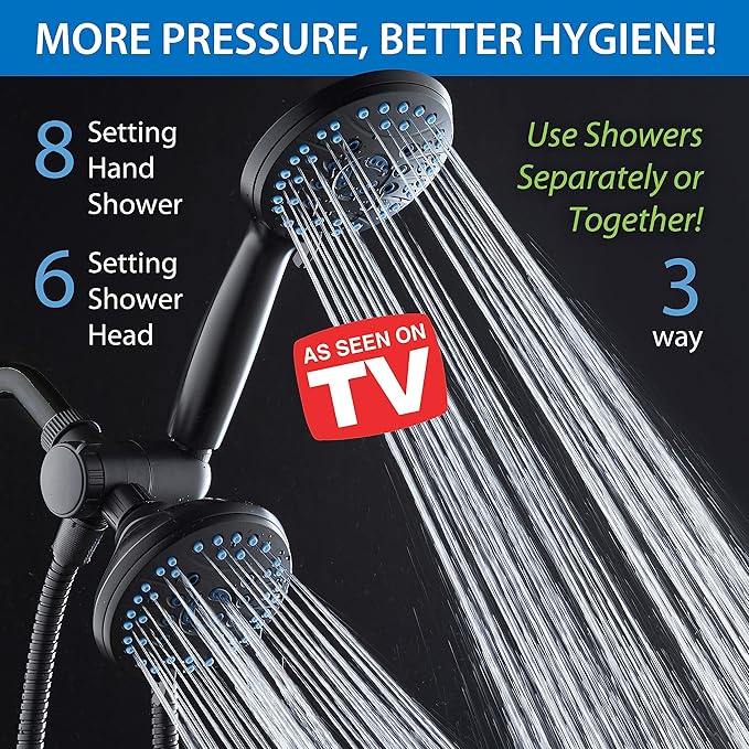 Hotel Spa AquaCare As-Seen-On-TV High Pressure 48-setting Rain & Handheld 3-way Shower Head Combo - Anti-clog Nozzles/Tub, Tile & Pet Power Wash/Extra Long 6 ft. Hose/Matte Black Finish